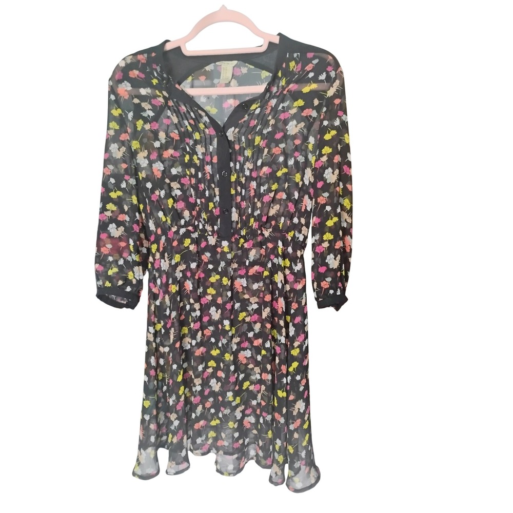 Forever 21 Floral Print Dress Black Pink Yellow Sheer Blouson Sleeve‎ M